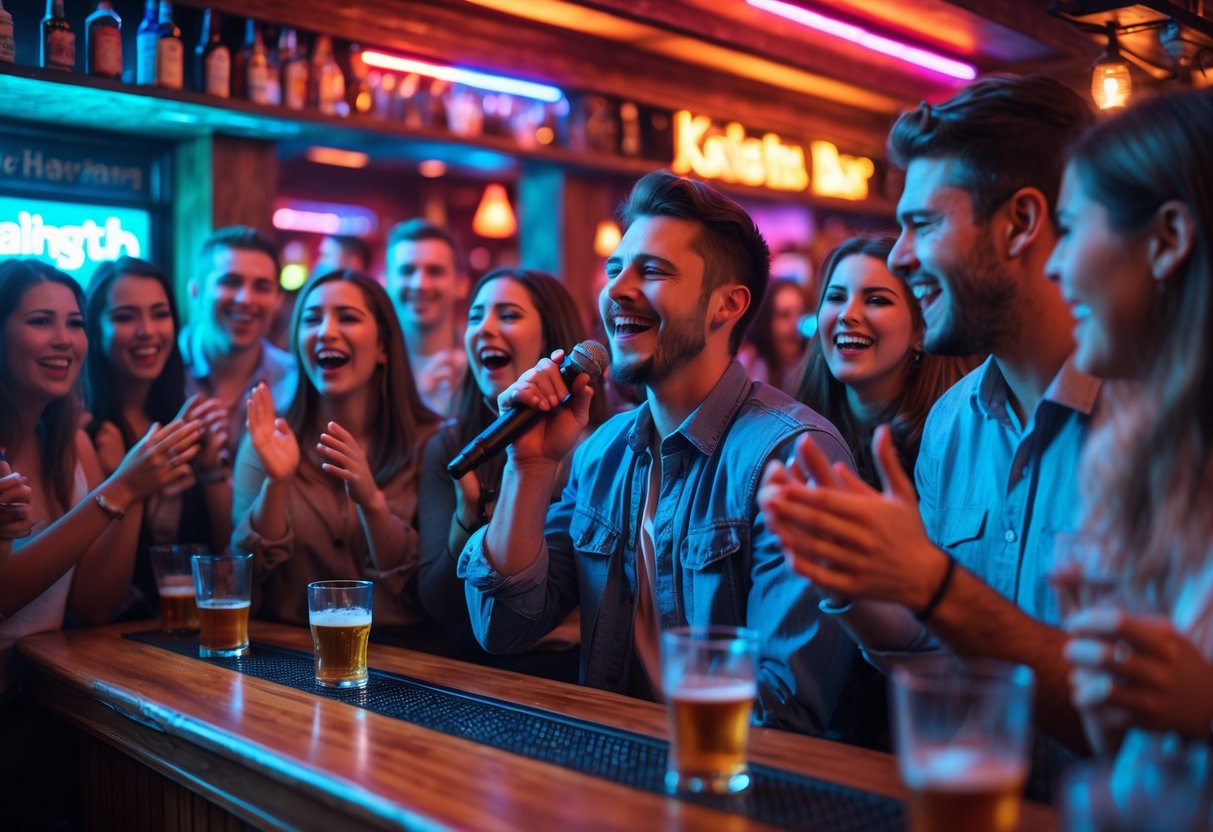 Couple singing karaoke on stage at a busy Arlington bar with friends enjoying drinks and cheering.