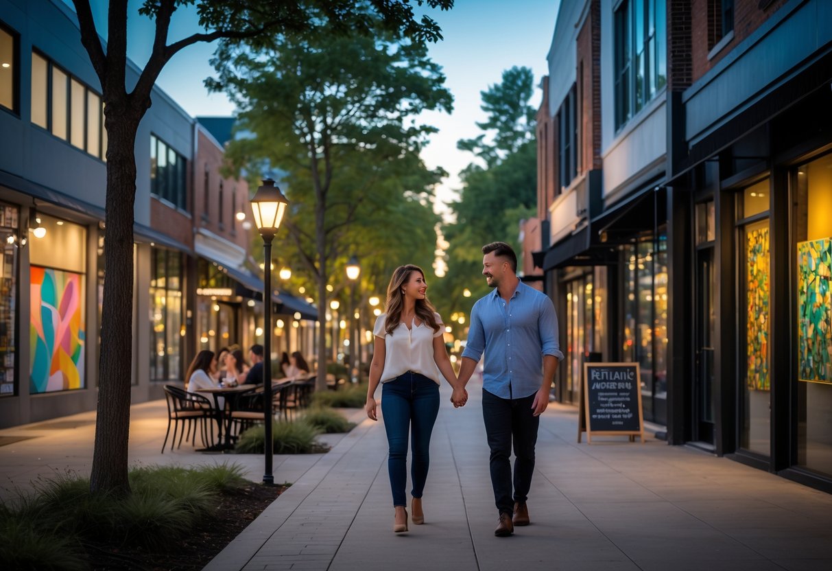 A couple walking hand in hand through a tree-lined street with art installations and shops in the Arlington Arts District during the evening.
