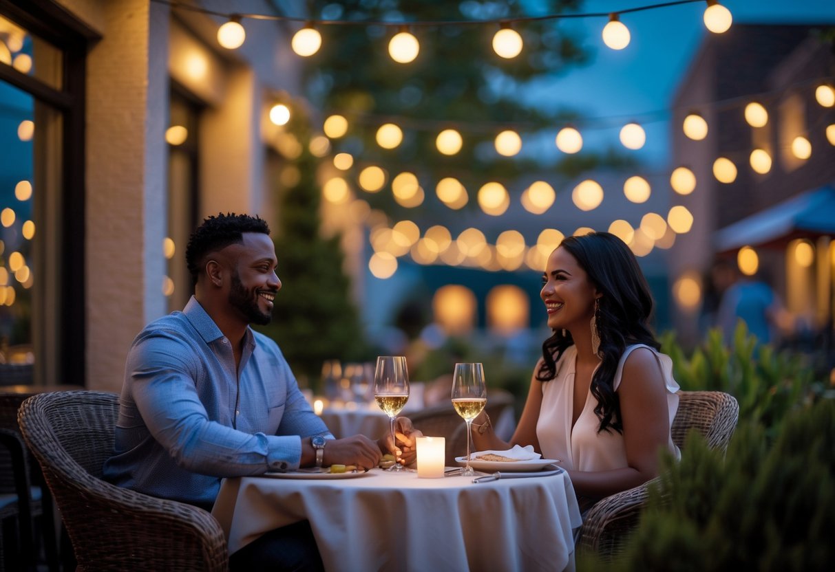 A couple enjoying a romantic dinner outdoors at night on a patio with string lights and city buildings in the background.