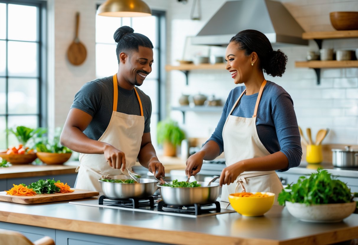 A couple cooking together in a bright, modern kitchen, smiling and preparing food on a kitchen island.