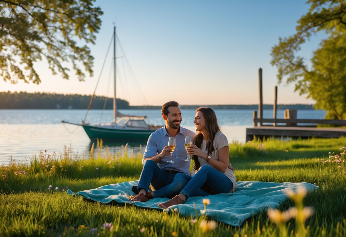 A couple enjoying a lakeside picnic on a blanket near a docked sailboat with calm water and trees in the background.