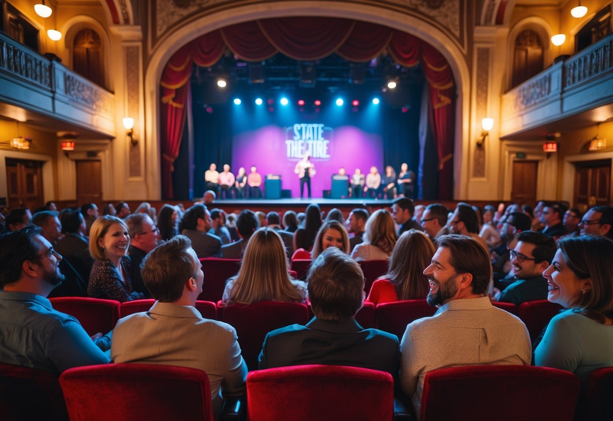 Audience of couples and friends laughing and enjoying a comedy show at a theater.