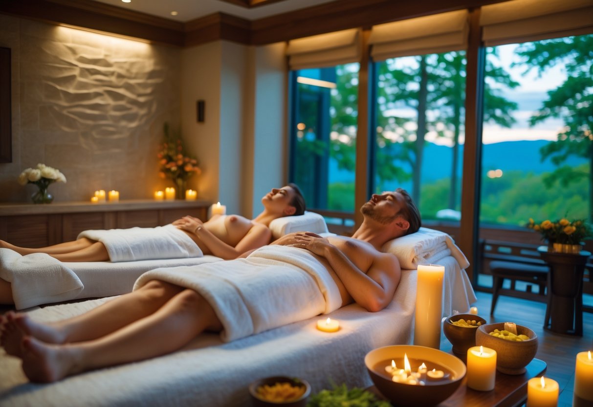A couple receiving a relaxing massage in a bright, peaceful spa room with natural light and greenery visible through large windows.