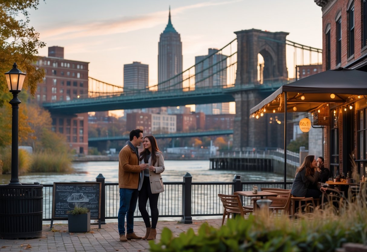 A young couple enjoying a date by the Hudson River waterfront in Troy, NY, with historic buildings and a bridge in the background.