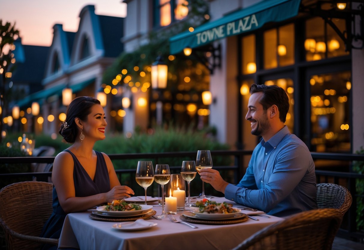 A couple enjoying a romantic dinner together at an outdoor restaurant in the evening.