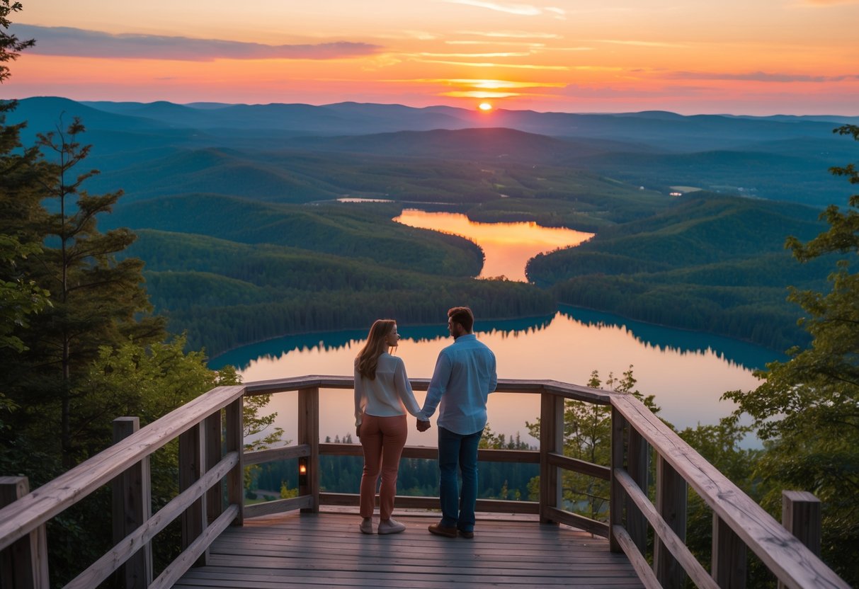 A couple standing on a wooden viewing tower watching a colorful sunset over hills, forests, and a lake.