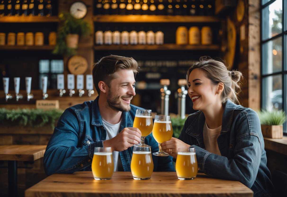 A young couple enjoying cider together at a wooden table inside a cozy cider house.