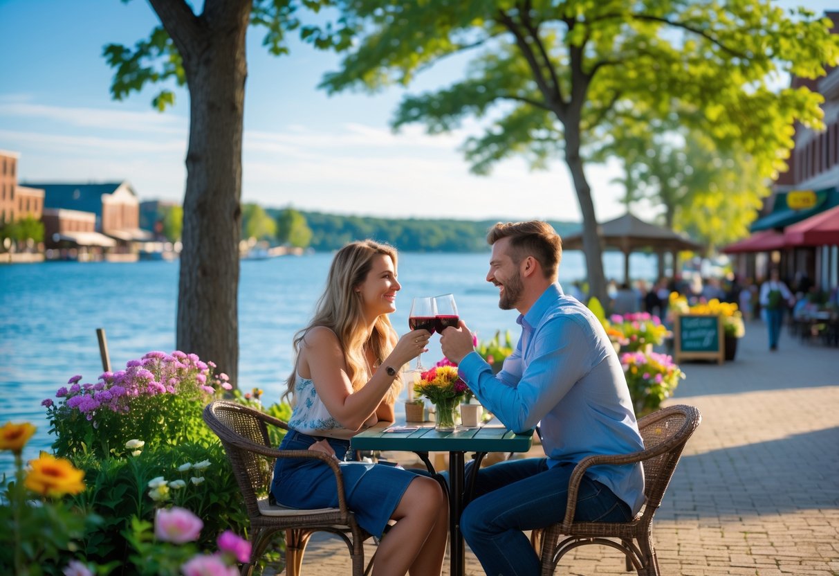 A couple sitting at an outdoor café by the lake in Traverse City, enjoying a sunny day surrounded by trees and flowers.