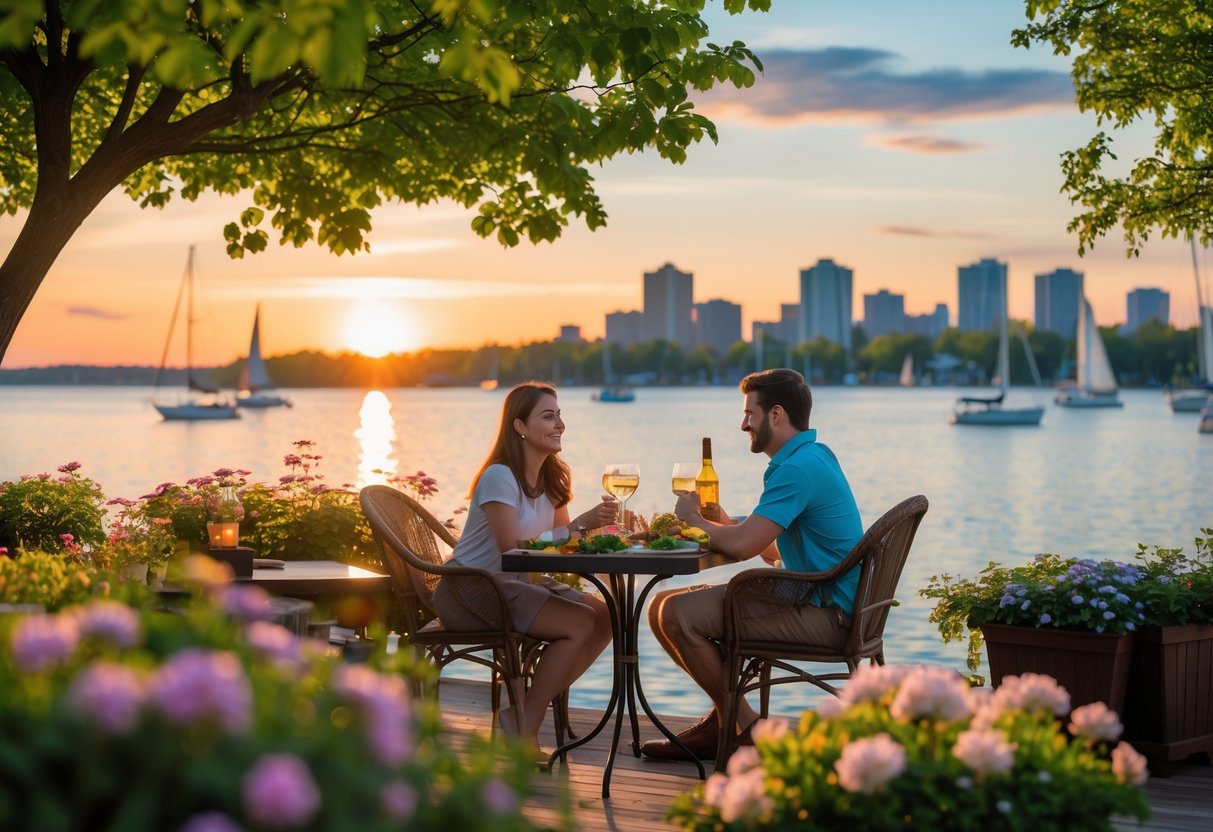 A young couple enjoying a romantic outdoor meal by the lake with sailboats and a city skyline in the background at sunset.