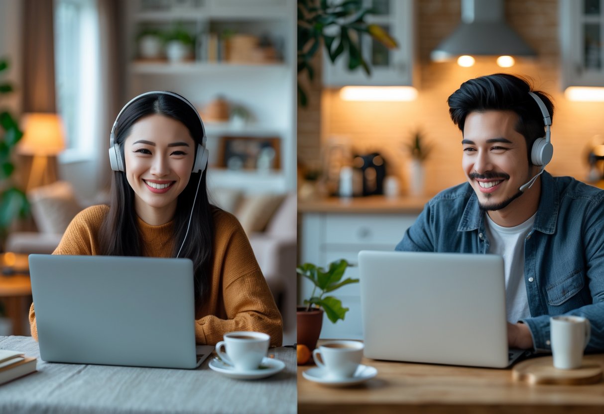 A young couple smiling and talking to each other on laptops during a virtual date from their separate homes.