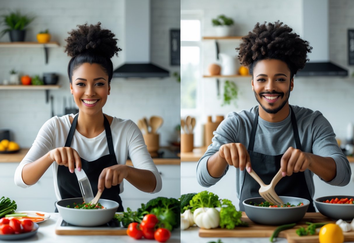 Two people cooking the same recipe together over video chat from their separate kitchens.