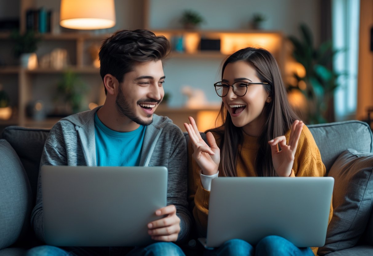 Two young adults sitting in a living room, playing online games together on their laptops and smiling.