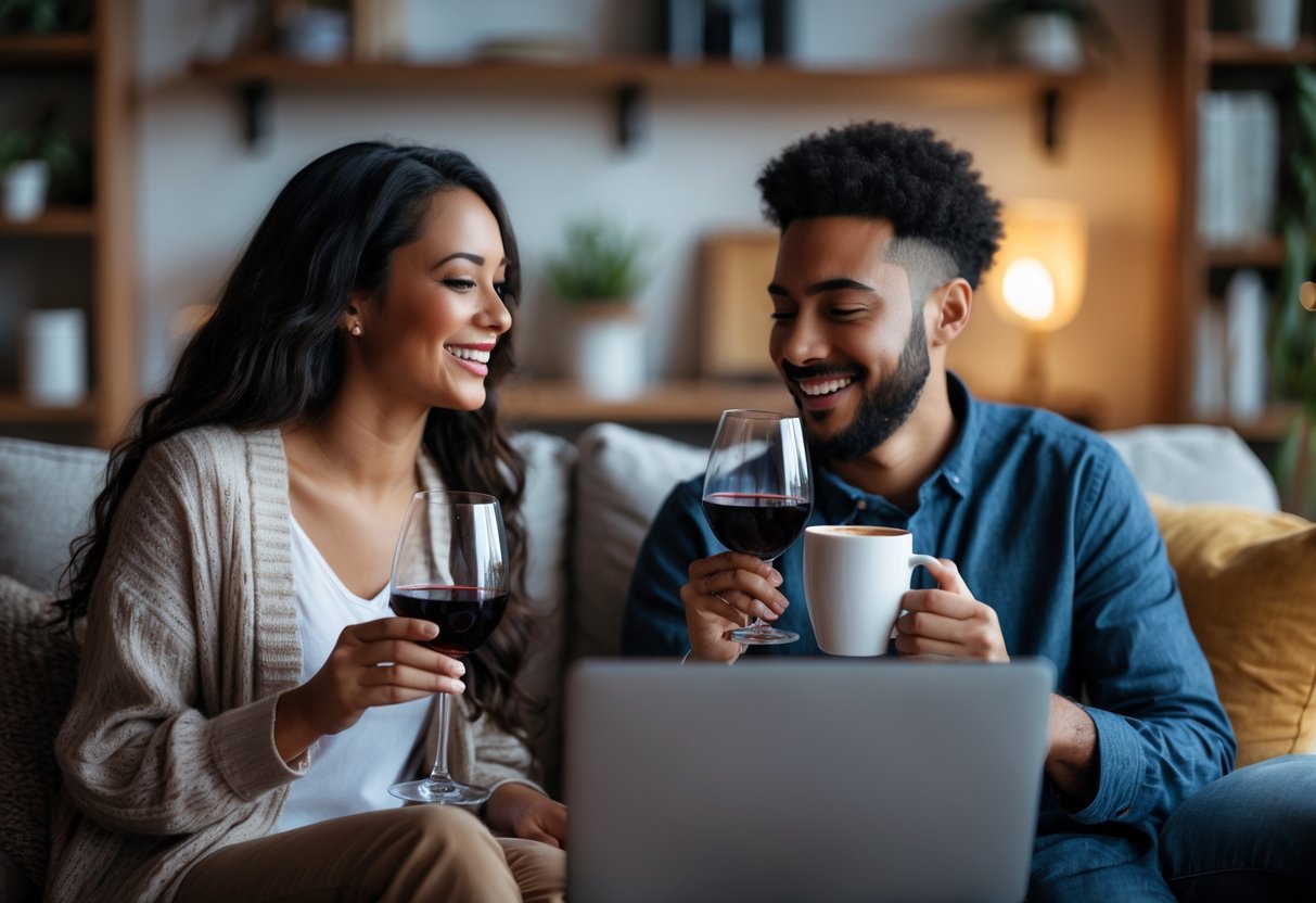 Two people enjoying a virtual wine and coffee tasting on a video call from their separate homes.