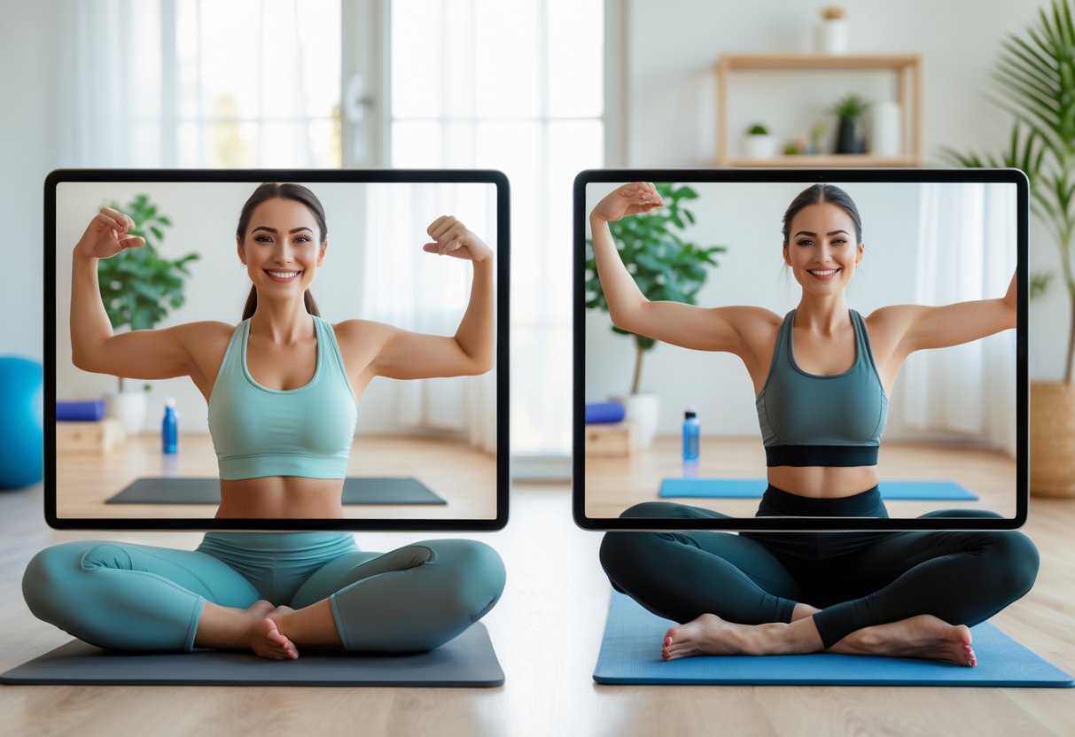 A young couple doing yoga together over a video call from their separate homes.