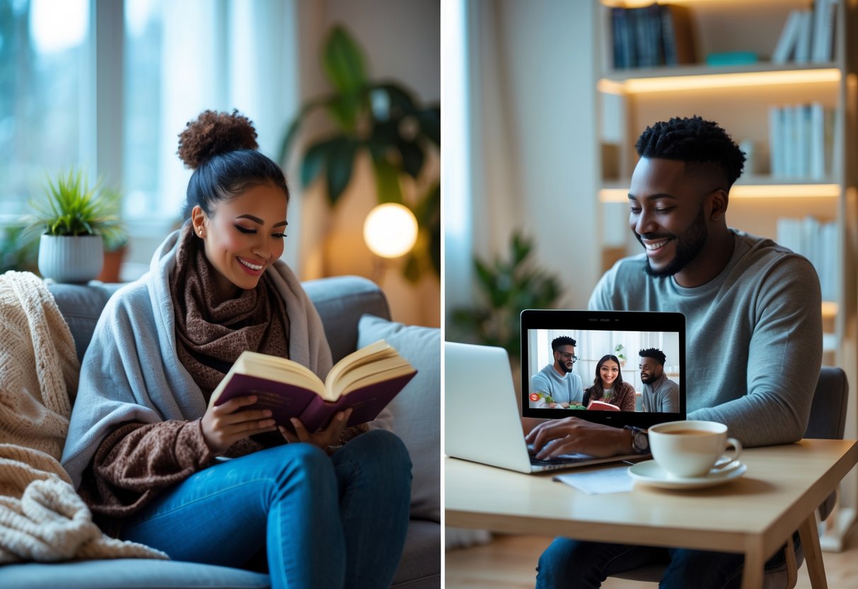 Two people in separate homes reading the same book and talking to each other over a video call on their laptops.