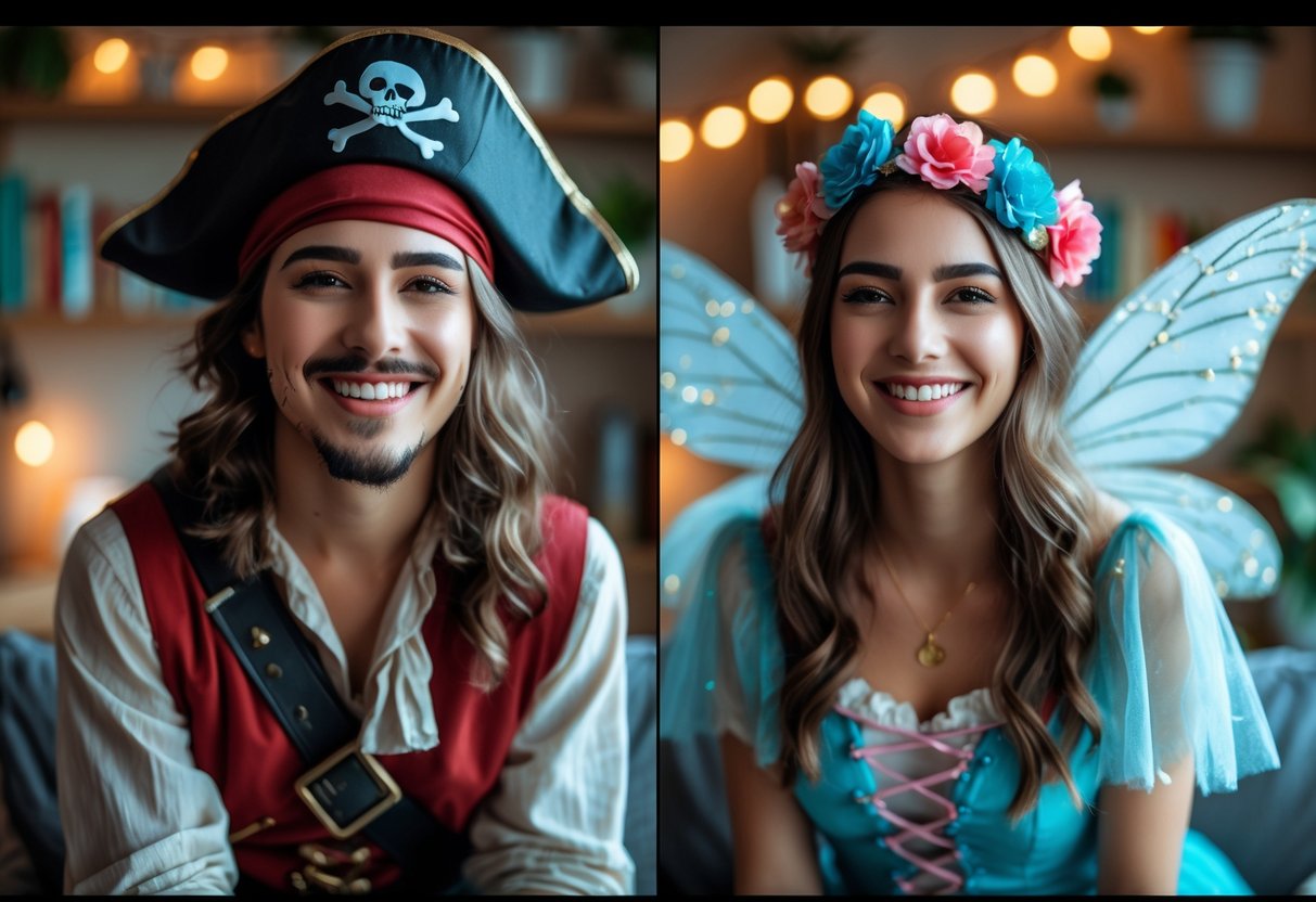 A young couple smiling and dressed in costumes during a split-screen video call for a virtual date.