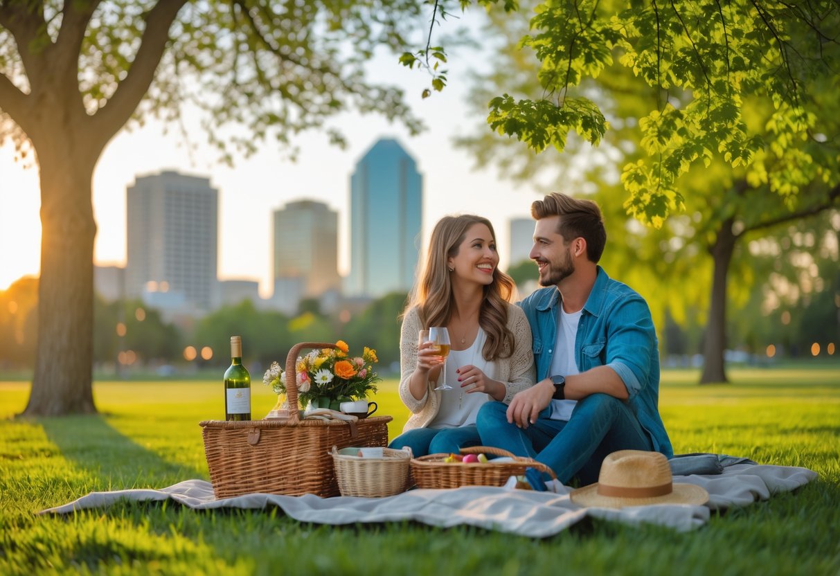 A young couple enjoying a picnic together in a park with the Tulsa skyline in the background during sunset.