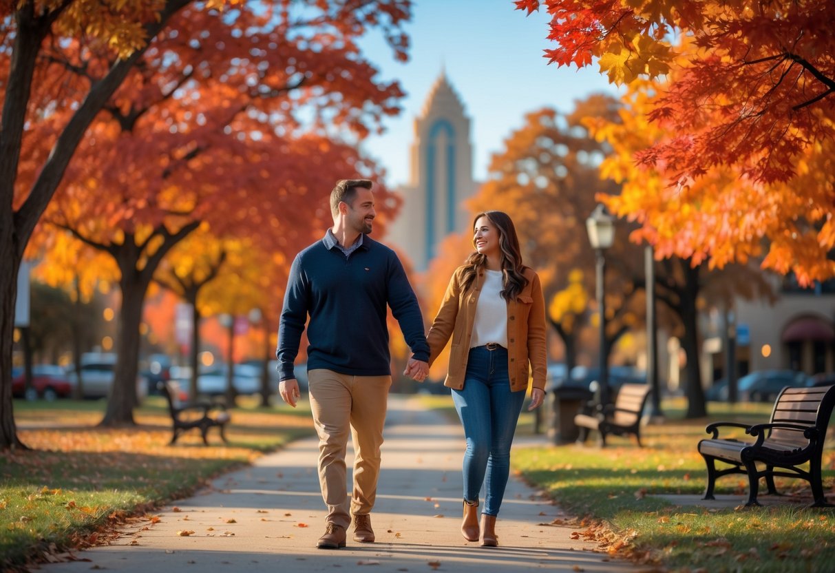 A couple walking hand-in-hand along a tree-lined park path with colorful fall leaves in Tulsa, Oklahoma.