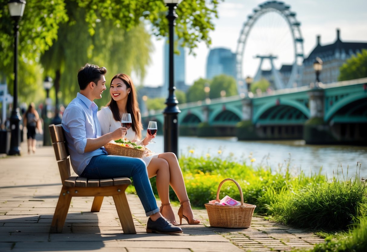 A young couple enjoying a picnic by the River Thames near Waterloo Bridge in London on a sunny day.