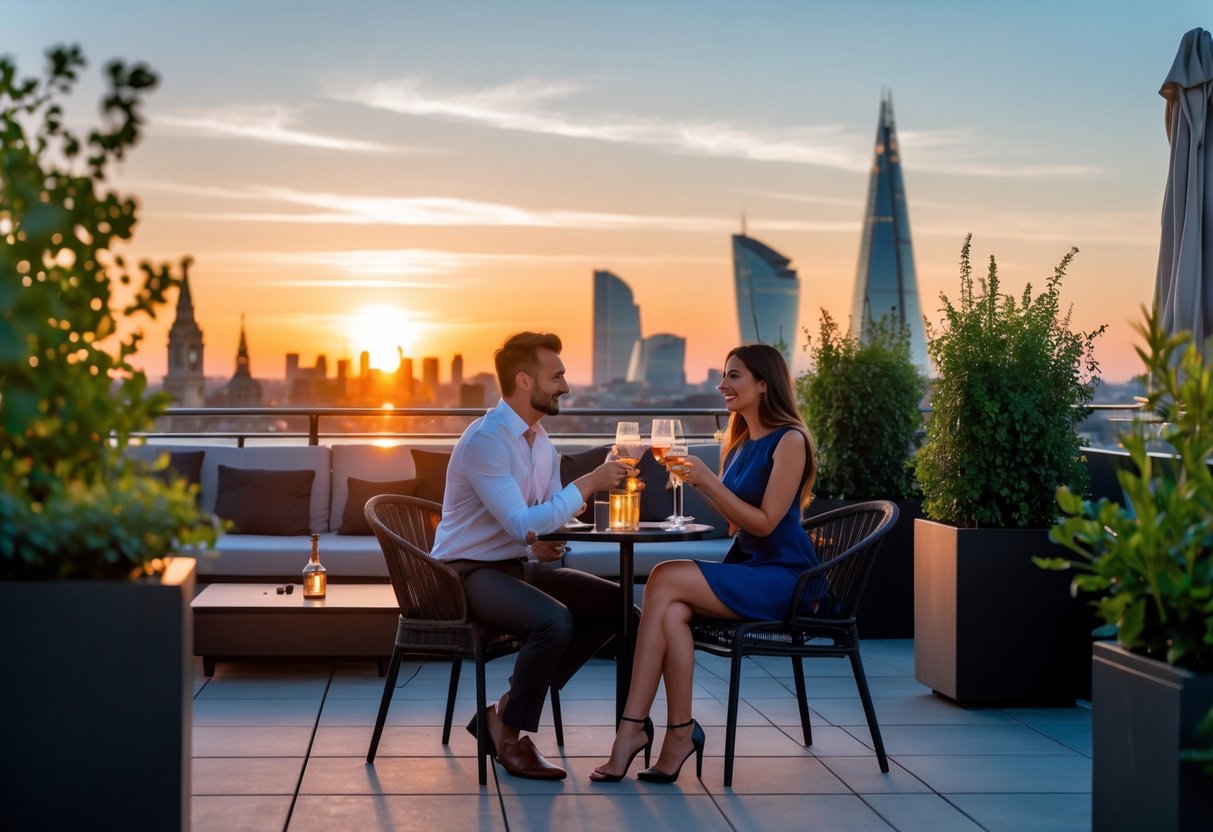 A couple enjoying drinks together on a rooftop terrace overlooking the London skyline at sunset.