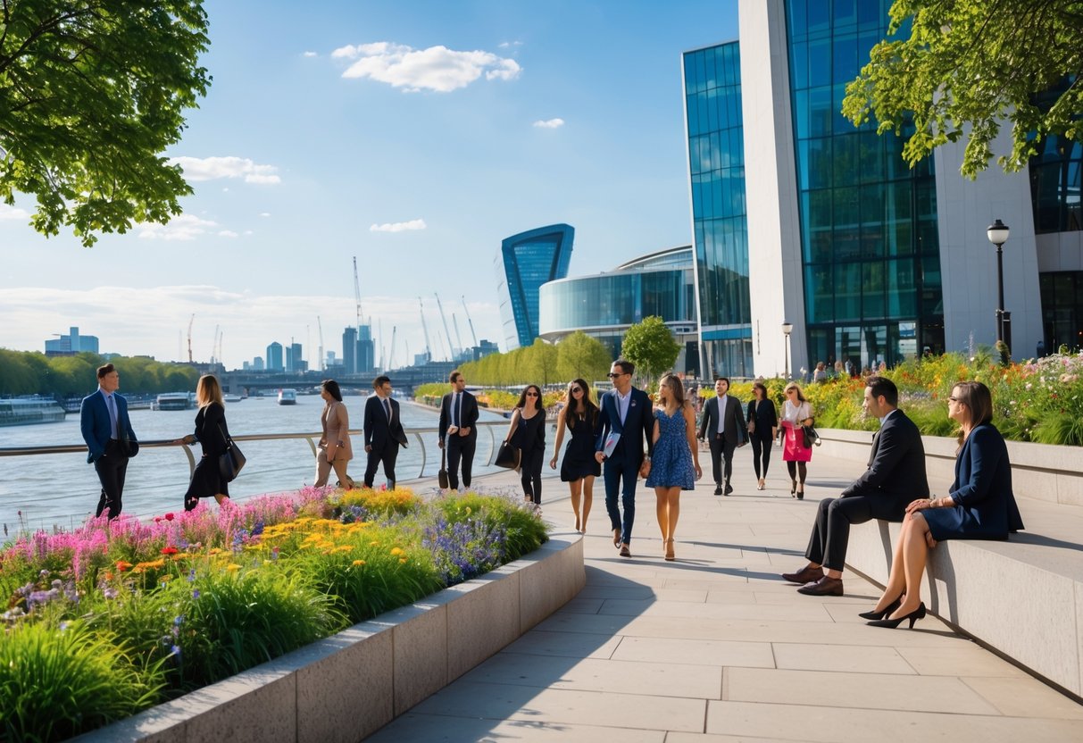 People enjoying a sunny day outside the Southbank Centre near the River Thames in London.