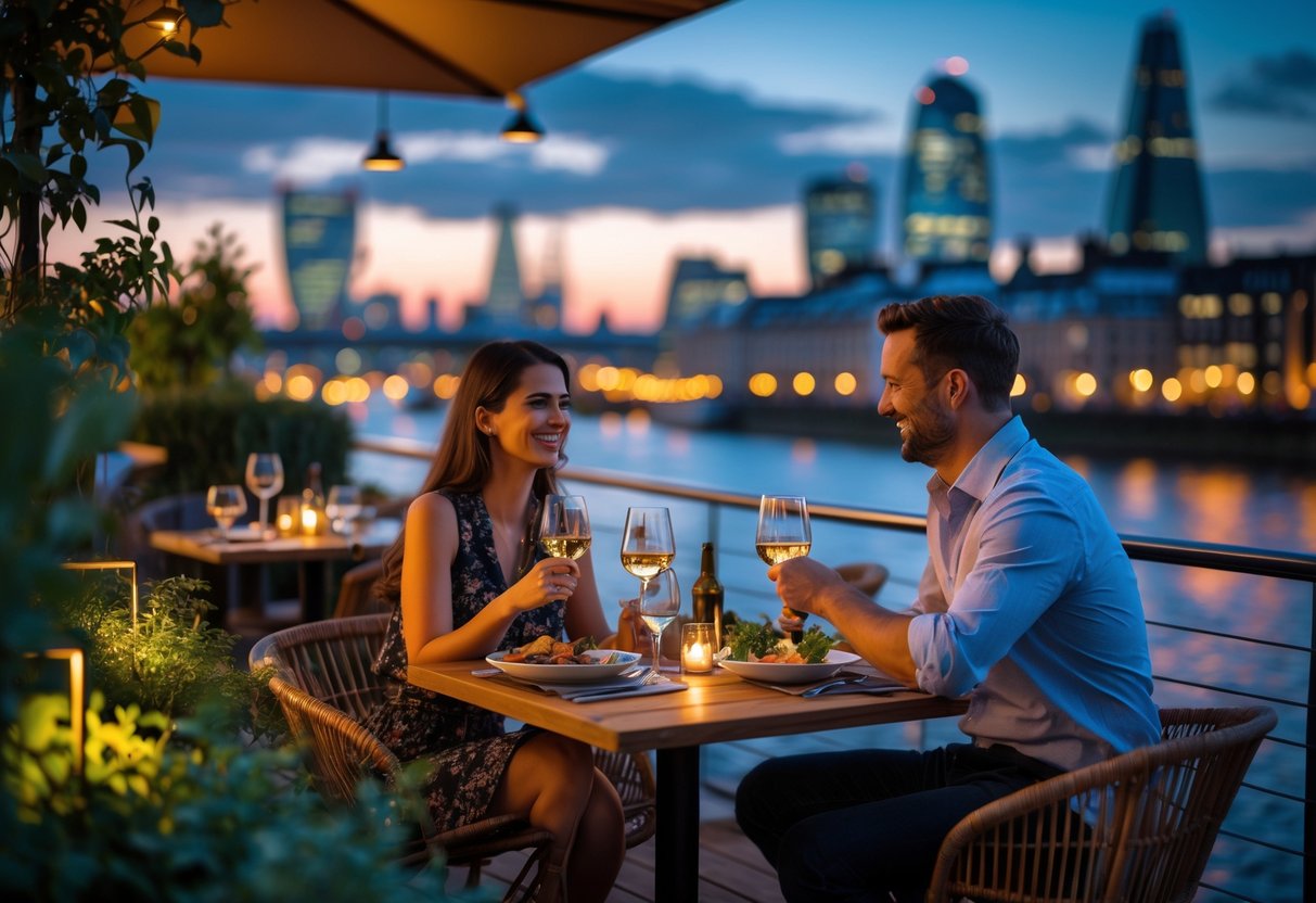 A couple enjoying a romantic dinner outdoors at Giraffe Stop South Bank with London city lights and the river in the background.