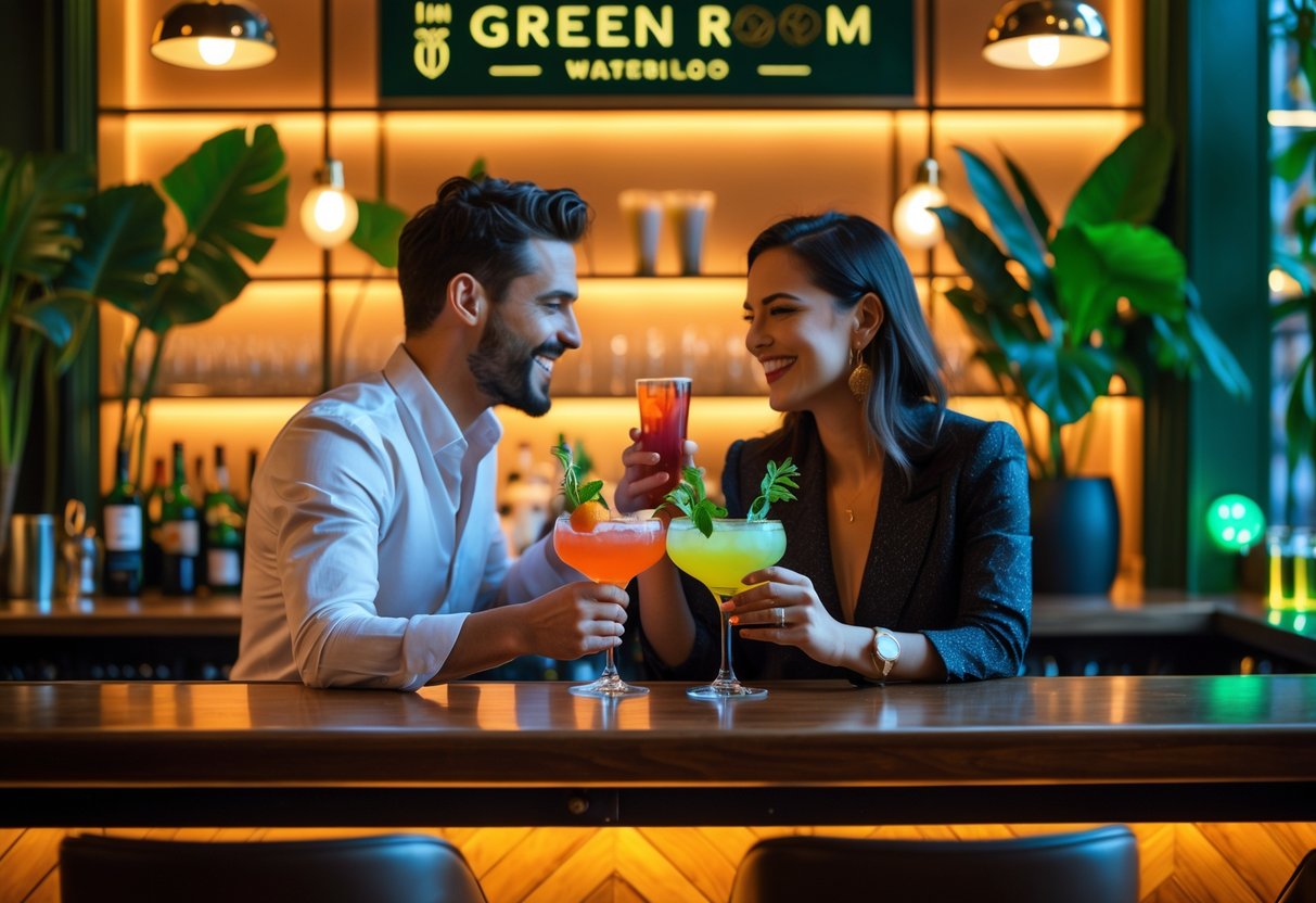 A couple enjoying cocktails together at a cozy bar with green plants and warm lighting.