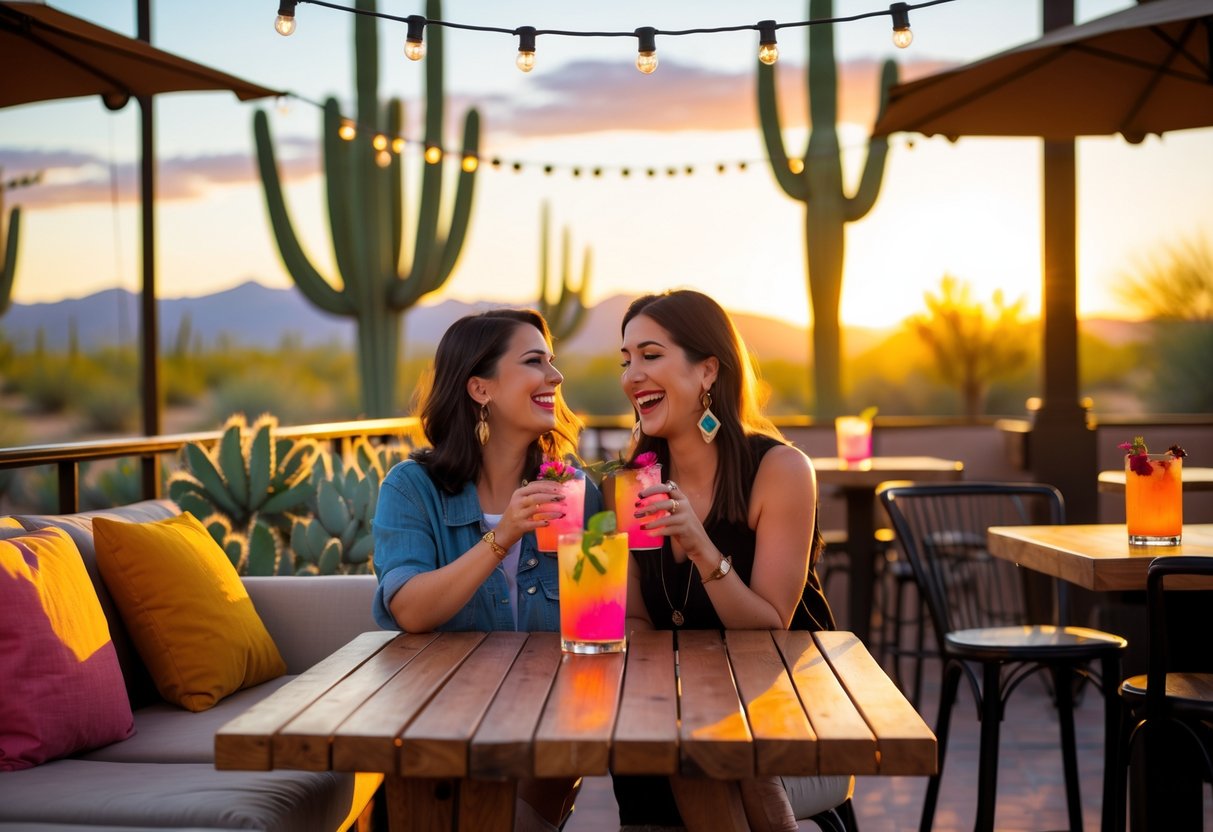 Two people enjoying drinks together at an outdoor bar during sunset with desert landscape in the background.