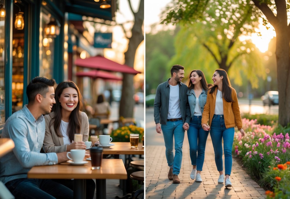 Several couples enjoying different first date activities including coffee at an outdoor café, walking in a park, and having a picnic under a tree during sunset.