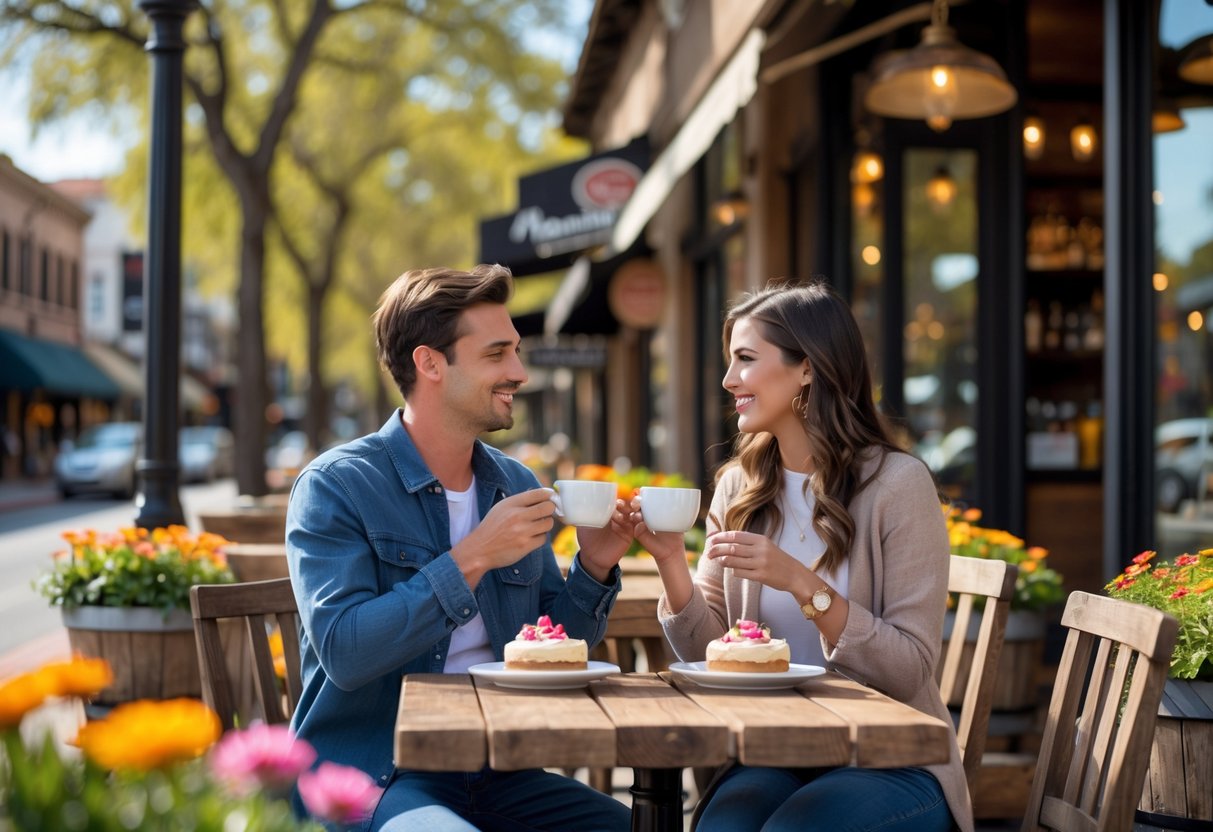 A young couple enjoying coffee and dessert at an outdoor café on a tree-lined street in Walnut Creek.