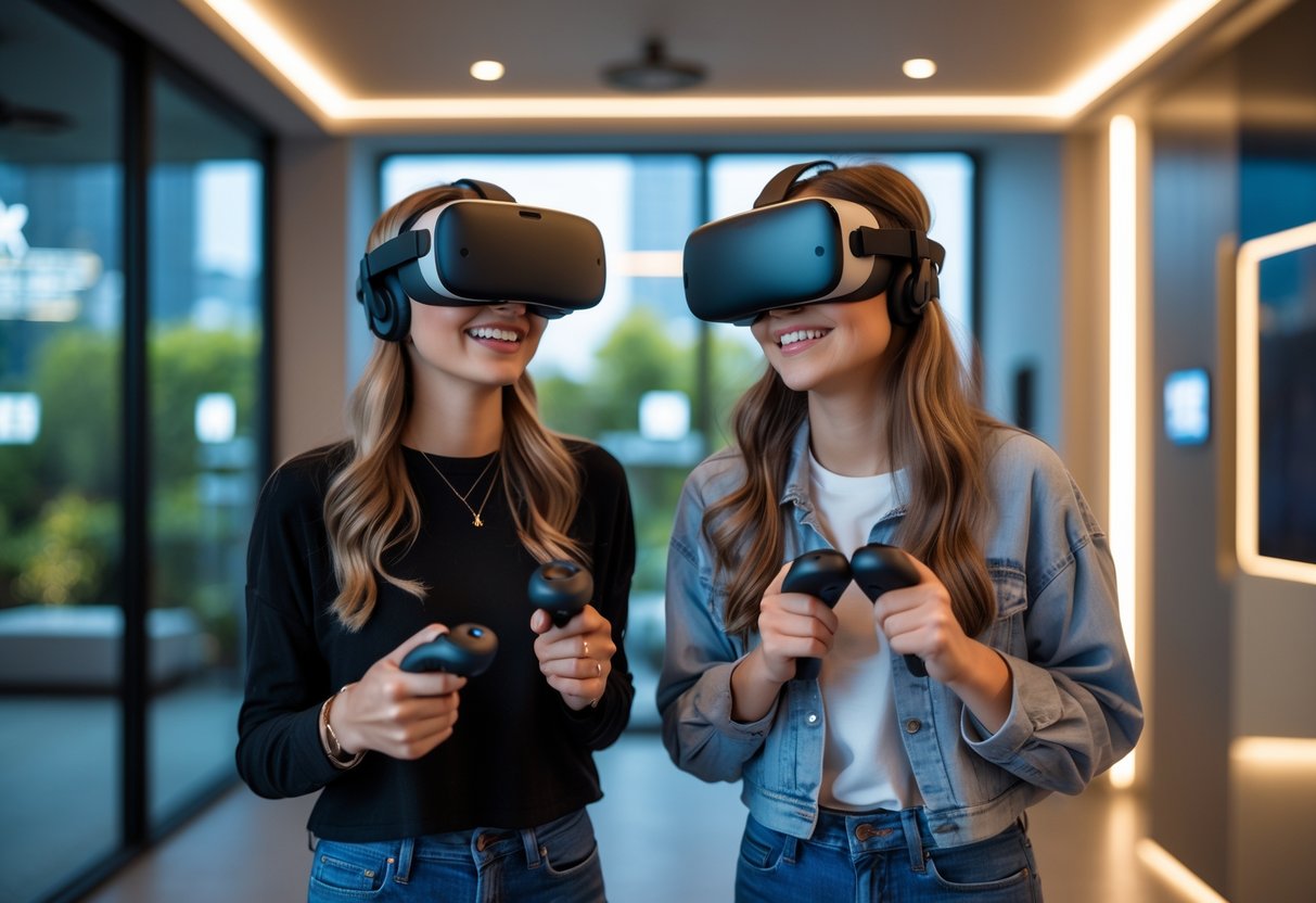 A young couple wearing virtual reality headsets and holding controllers, enjoying a VR escape room experience indoors.