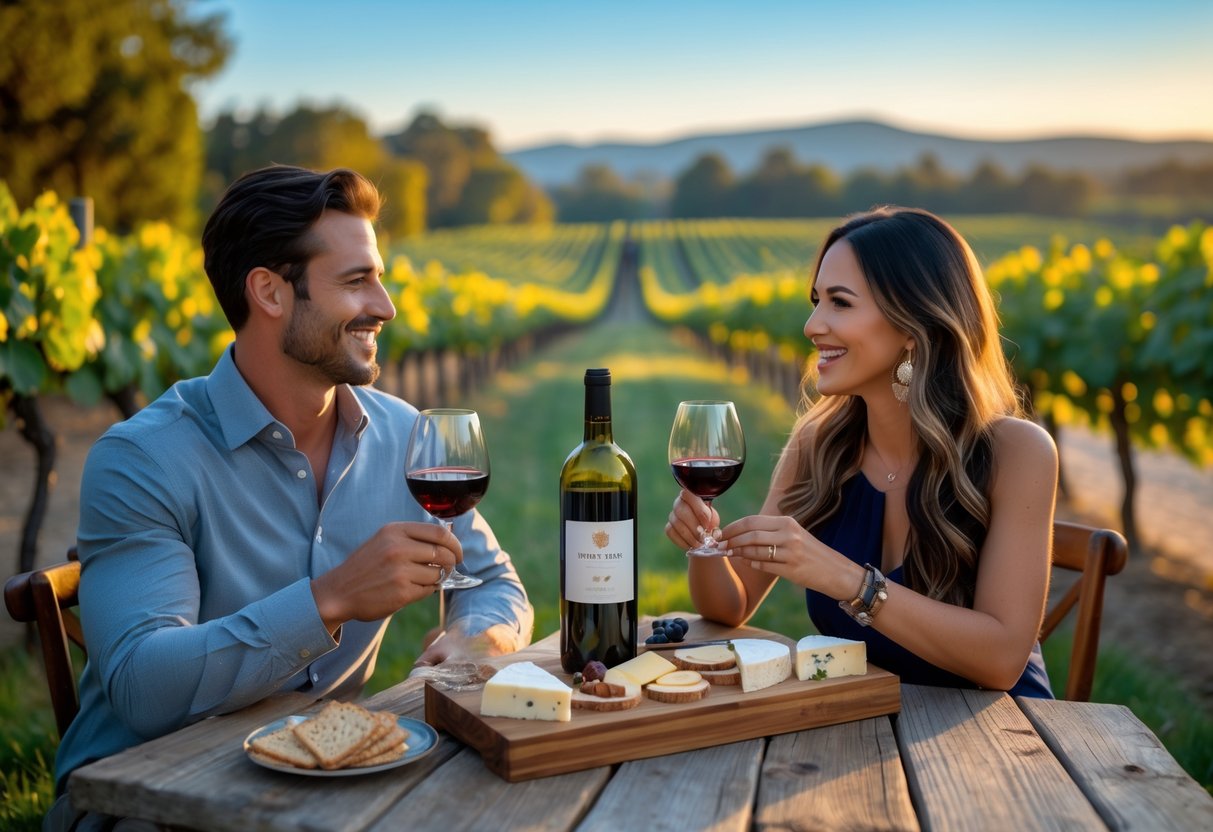 A couple enjoying wine tasting outdoors at a vineyard with glasses of red wine and a cheese platter on the table.