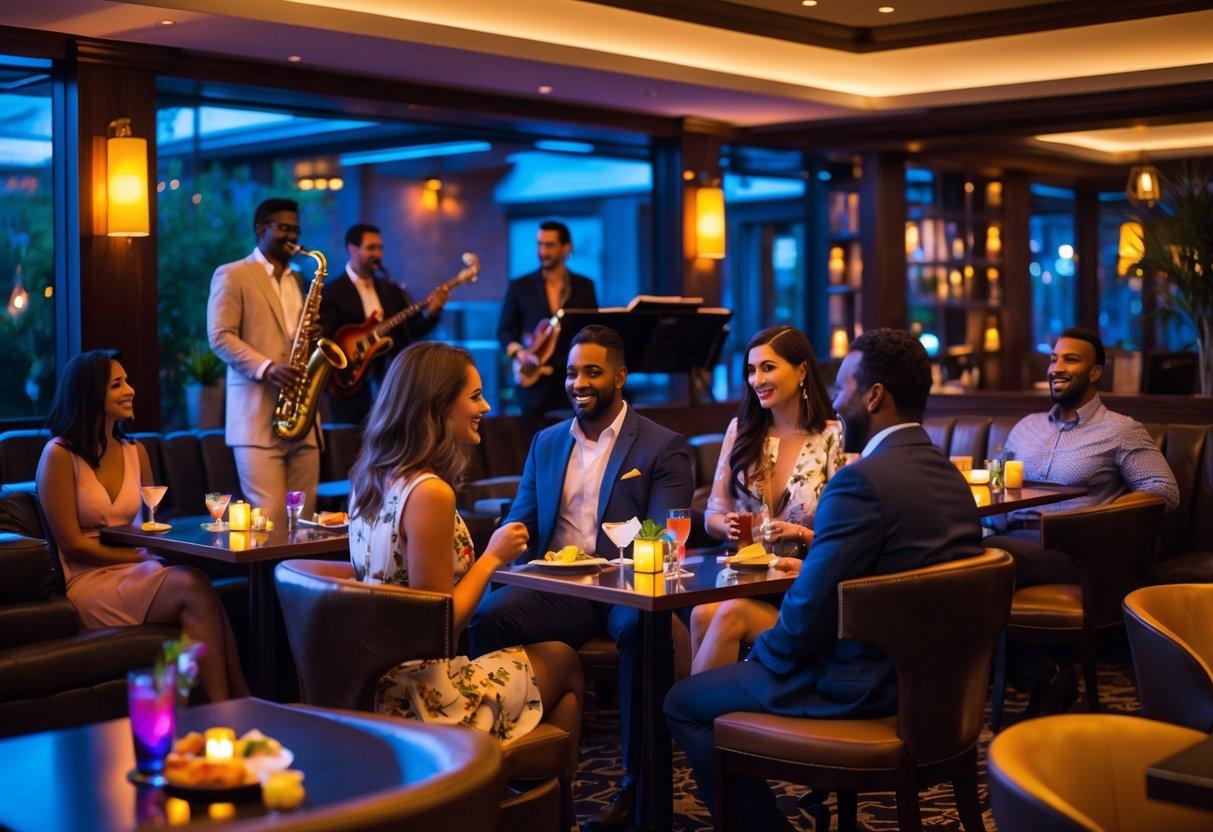 Couples enjoying live music and cocktails inside an upscale lounge with a jazz band performing on stage.