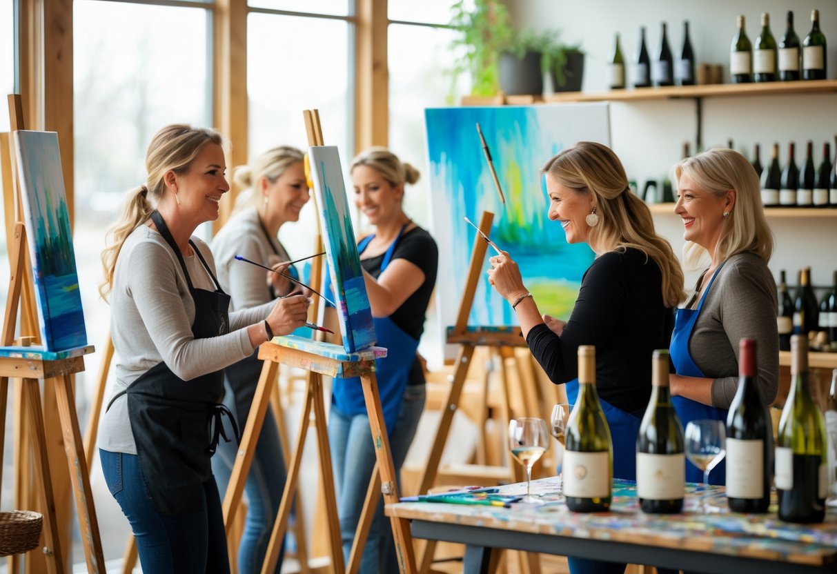 A group of adults painting on canvases in a bright art studio with wine bottles on tables, enjoying a creative activity together.