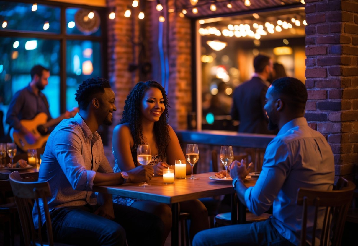 A couple sitting at a small table in a cozy music venue, enjoying a live acoustic performance.