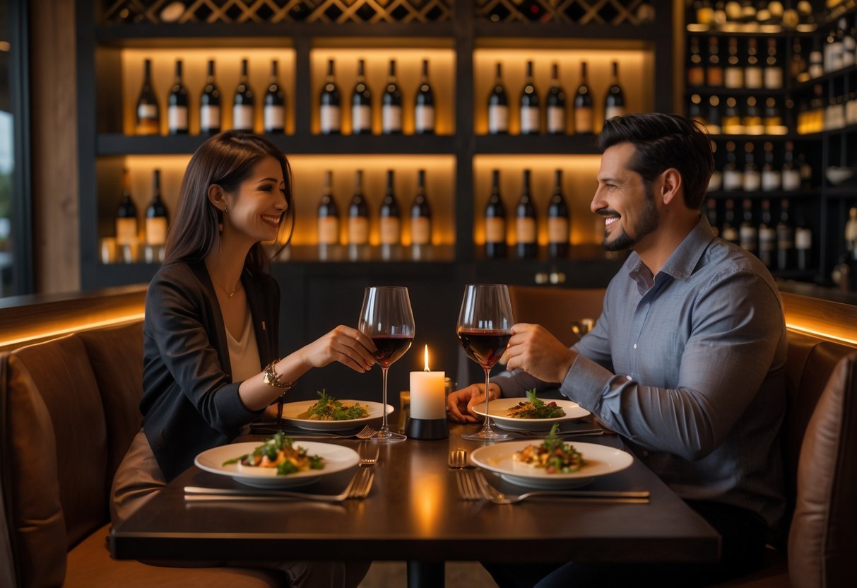 A couple enjoying a romantic dinner at a cozy bistro with wine and candlelight.