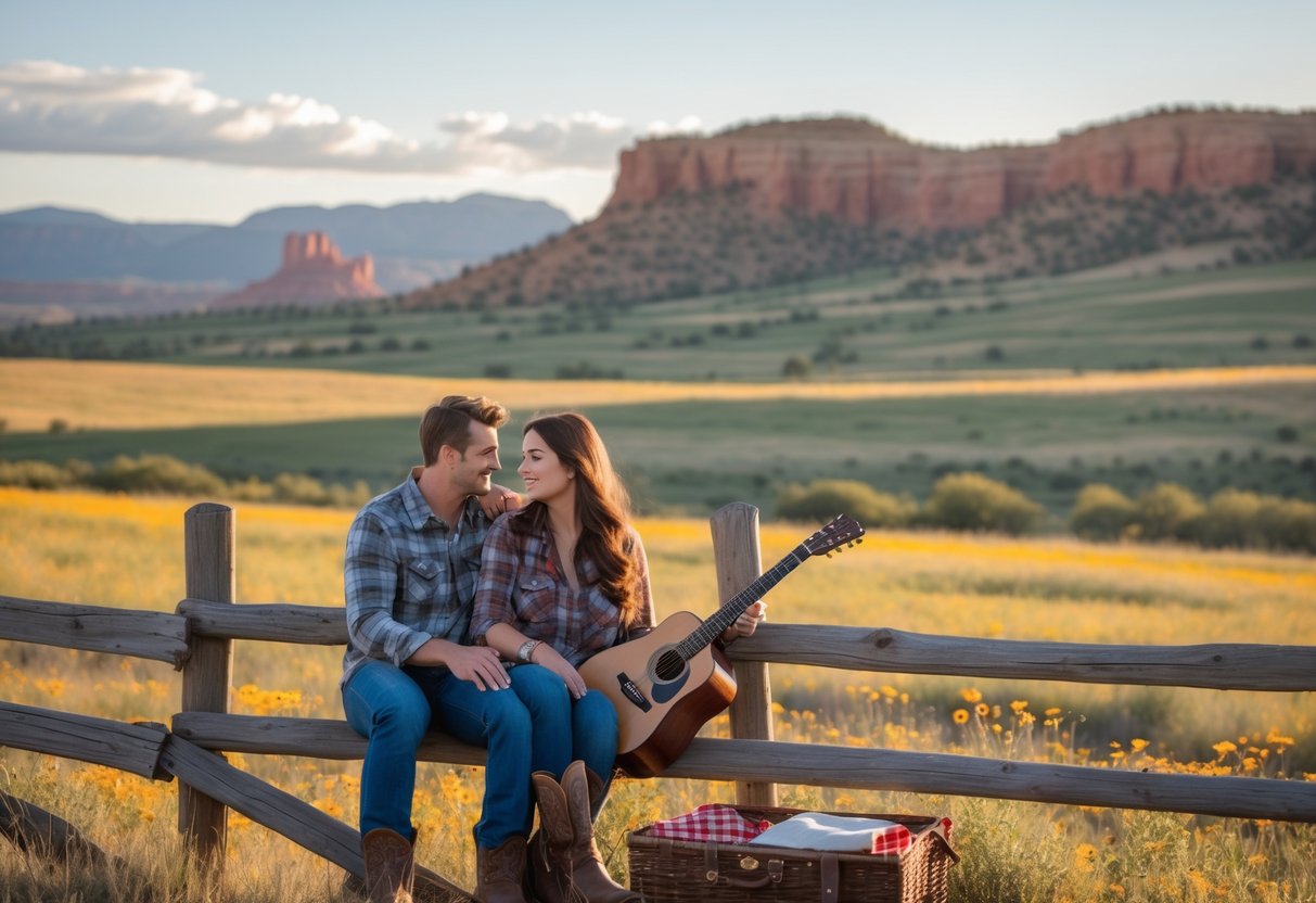 A young couple sitting on a wooden fence in a Utah countryside field during sunset, enjoying a peaceful outdoor moment together.