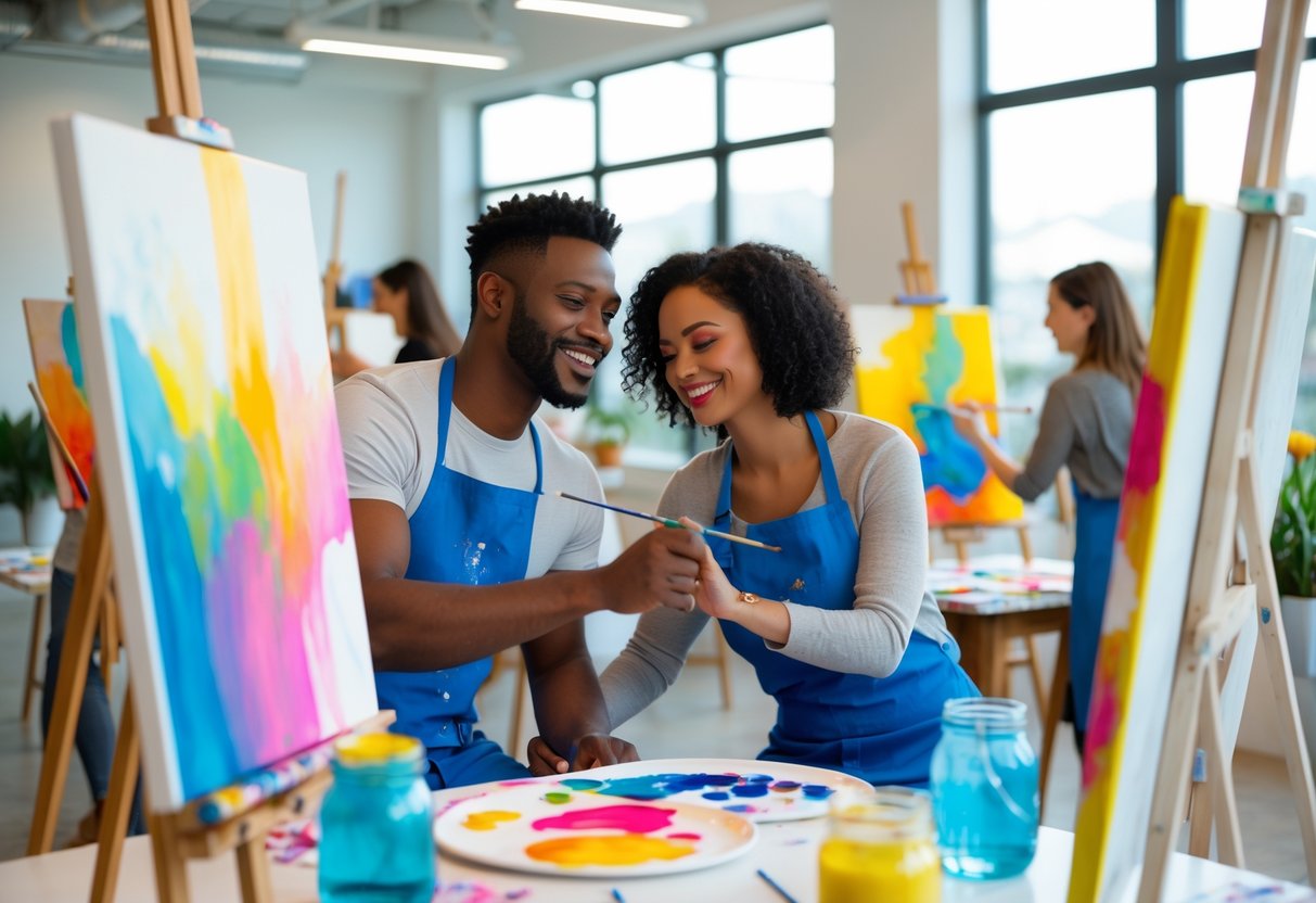 A couple painting together in a bright art studio during a workshop, surrounded by art supplies and other participants.