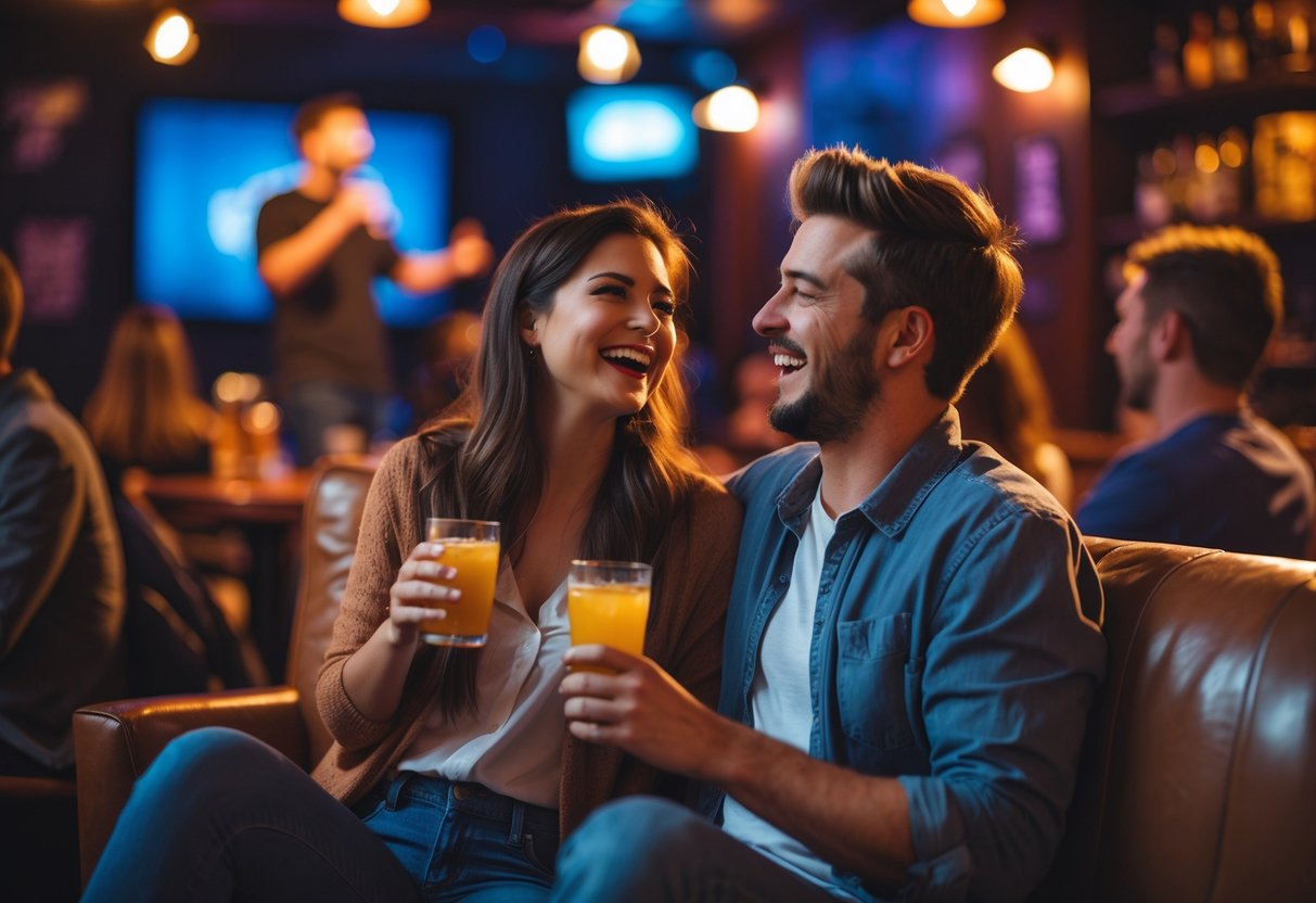 A young couple laughing and enjoying a comedy show together at a small club.