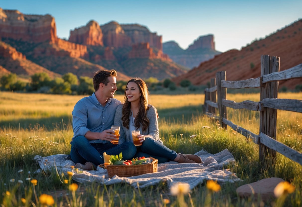 A young couple having a picnic on a grassy field with red rock mountains in the background during sunset.