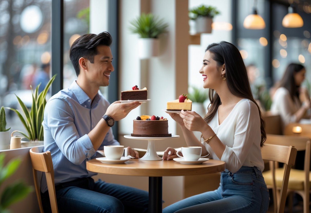 A young couple enjoying desserts and coffee together at a cozy cafe table near a window.