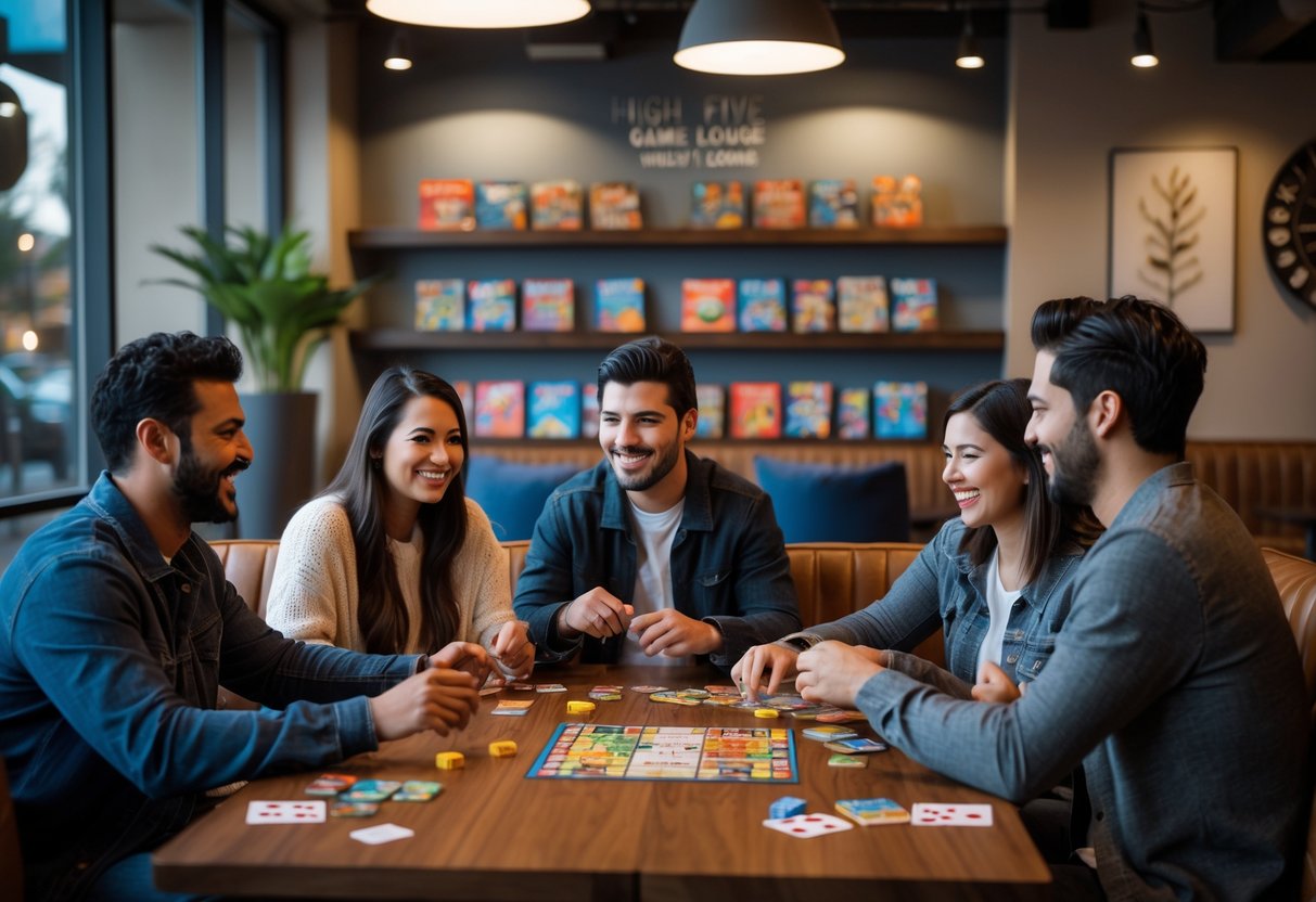 A couple playing board games together at a wooden table in a cozy game lounge with shelves of board games in the background.