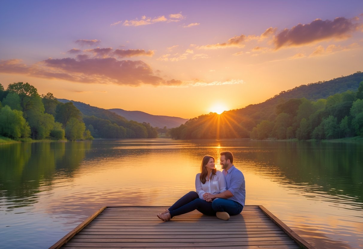 A couple sitting together on a wooden dock by a lake at sunset, surrounded by trees and hills.