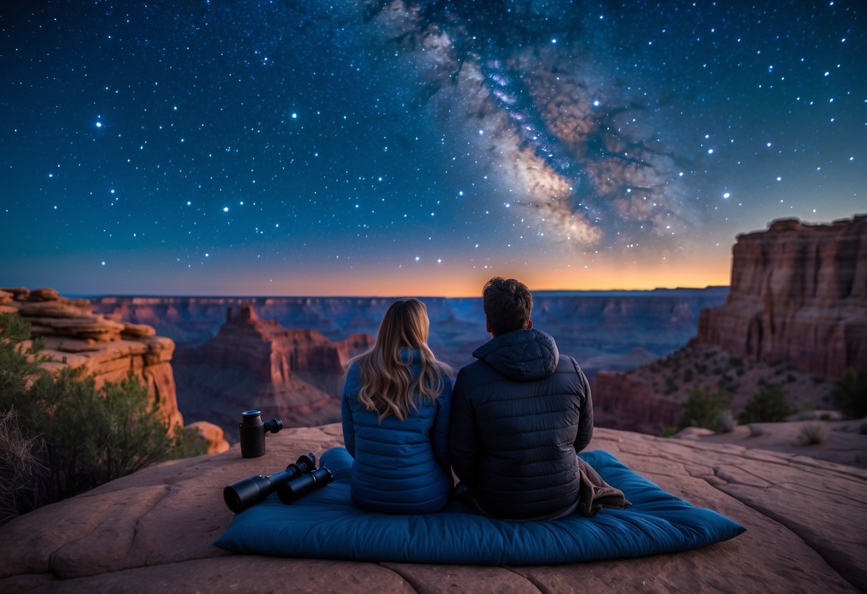 A couple sitting on a rock at Dead Horse Point State Park, looking up at a star-filled night sky over red rock canyons.