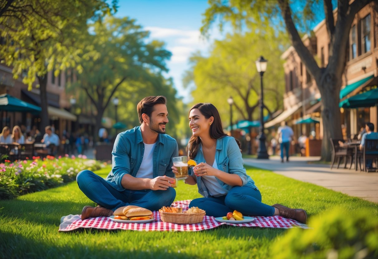 A couple enjoying a sunny day in a park with green grass, trees, and flowers, walking and having a picnic together.