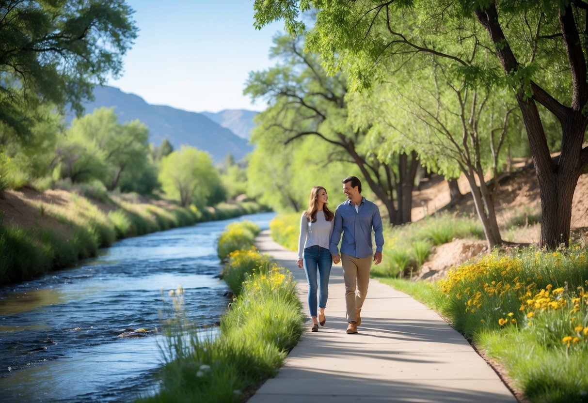A couple walking hand in hand along a river trail surrounded by trees and mountains.