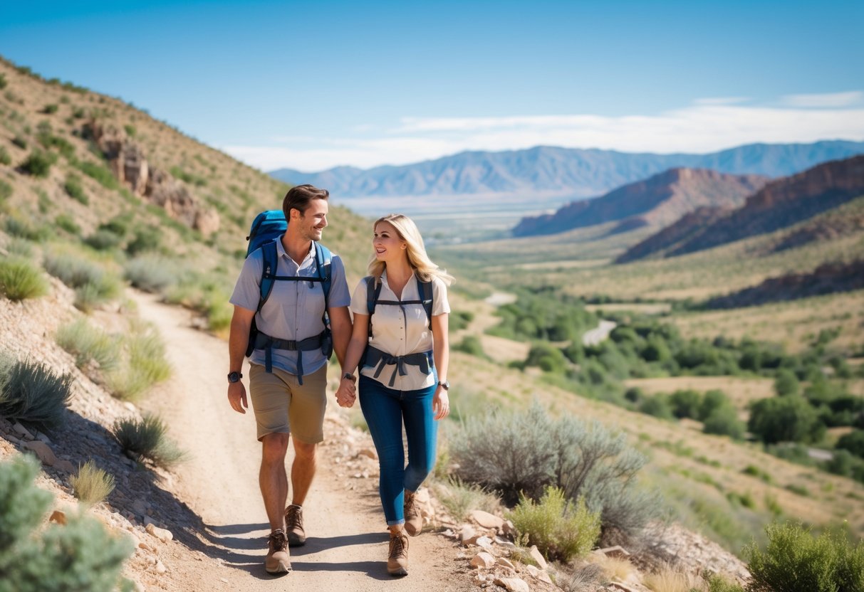 A couple hiking together on a dirt trail with hills and mountains in the background under a clear blue sky.