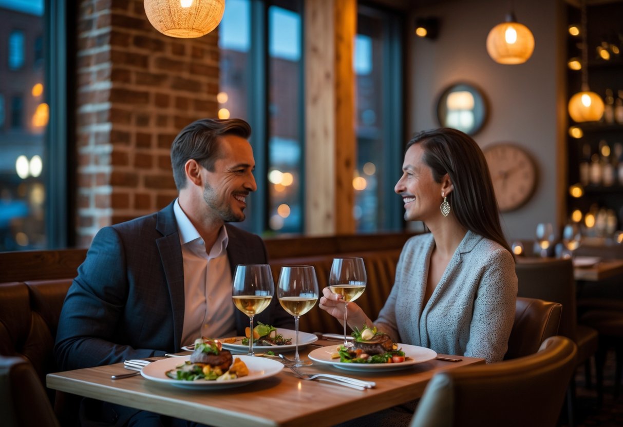 A couple enjoying dinner together at a warmly lit restaurant table with food and wine.