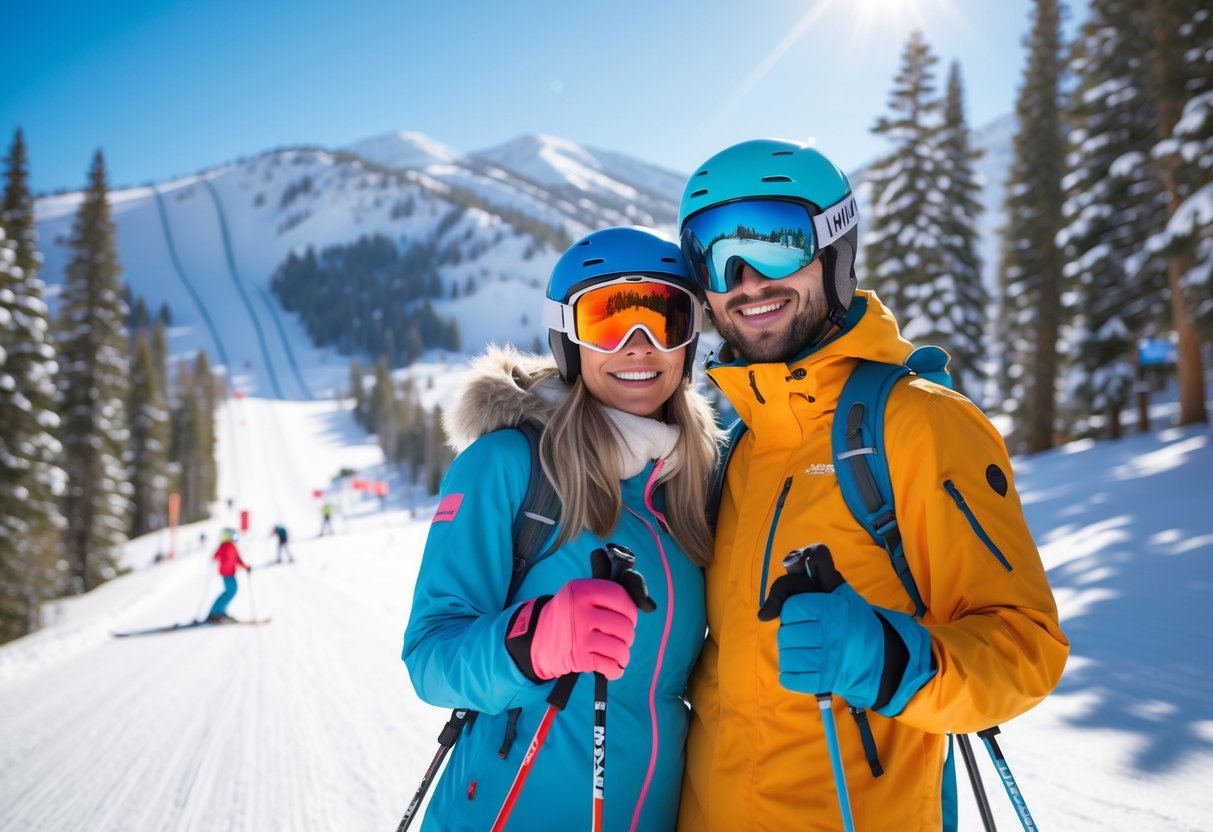 A couple smiling and standing together on a snowy ski slope surrounded by pine trees and mountains.
