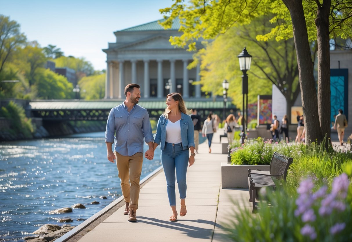 A couple walking hand in hand along a riverside path near the Hudson River Museum on a sunny afternoon.